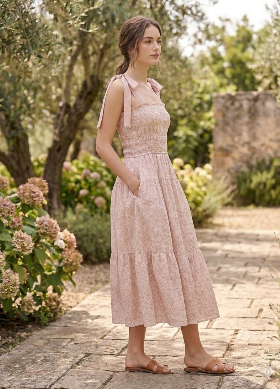 NWT En Saison Geraldine Maxi Dress Pink Champagne Smocked Tie Shoulder Tiered S - Picture 7 of 16